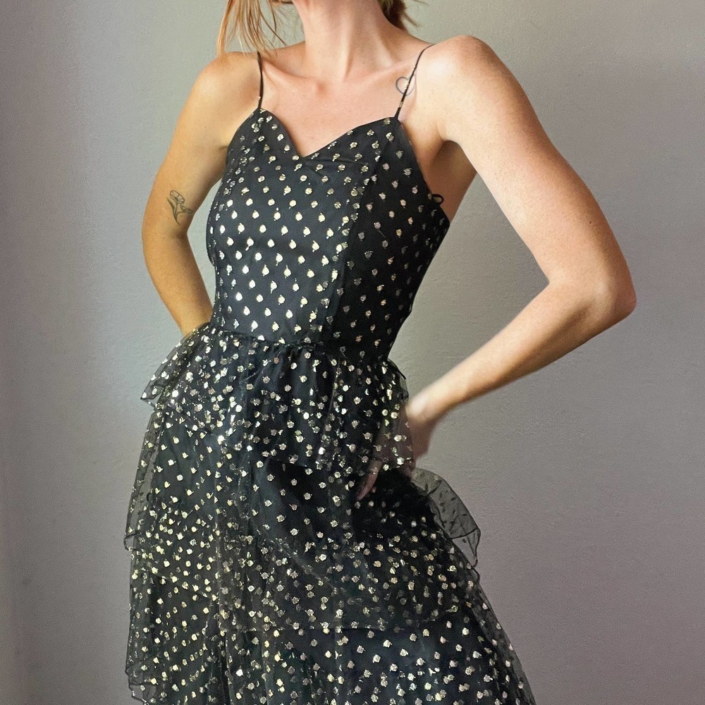 Vintage Paco Black Tiered Tulle Polka Dot Party Dress